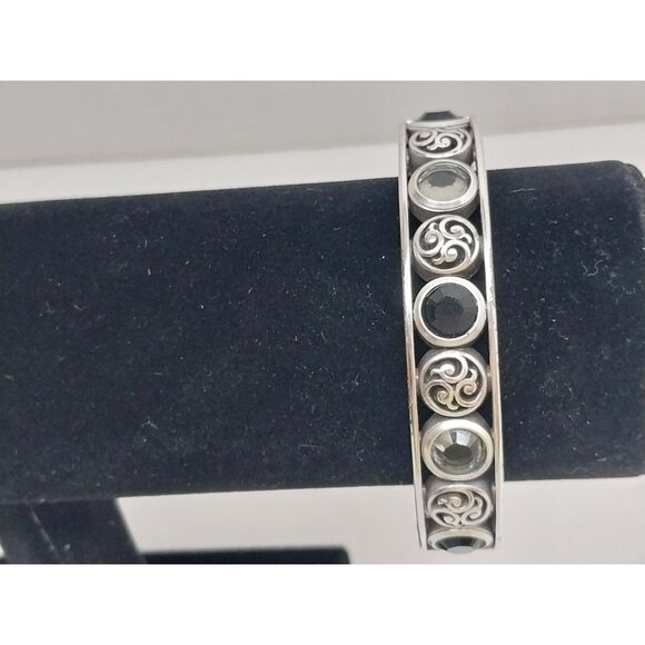 Brighton Silver-Tone Bangle Bracelet Black & Clear Gems Filigree Hinged - Picture 2 of 5
